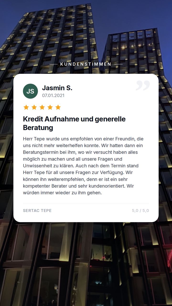 Bewertung von Jasmin S. · 5 von 5 Sternen · Kreditaufnahme und Beratung (Januar 2021)