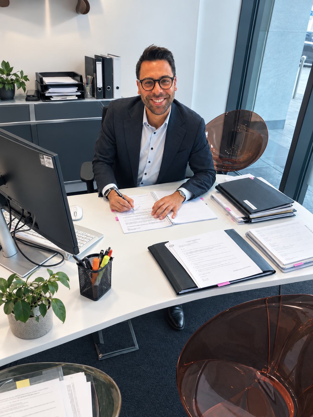 Sertac Tepe am Schreibtisch bei der Antragsbearbeitung